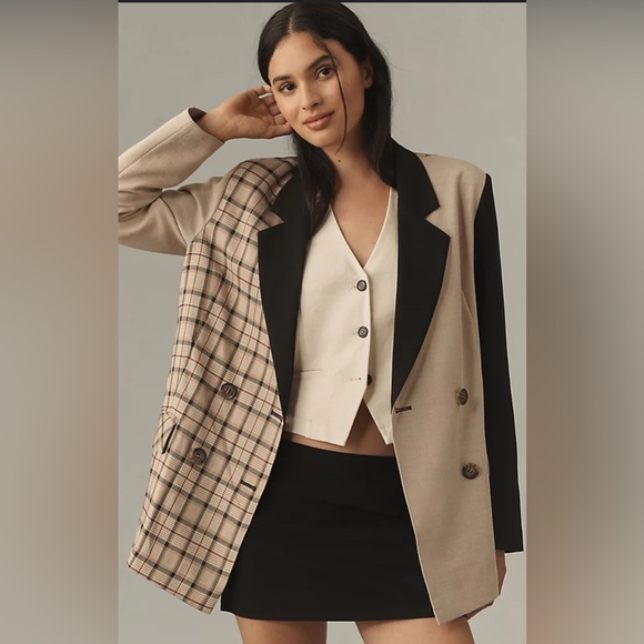 Anthropologie Jackets & Blazers - Anthropologie Two-Tone Plaid & Solid Blazer in Beige, Black